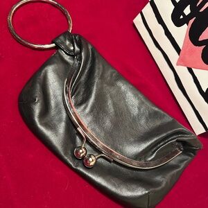 Xcetera Black Leather Ring Handle Clutch - Vintage Kiss Lock Evening Bag